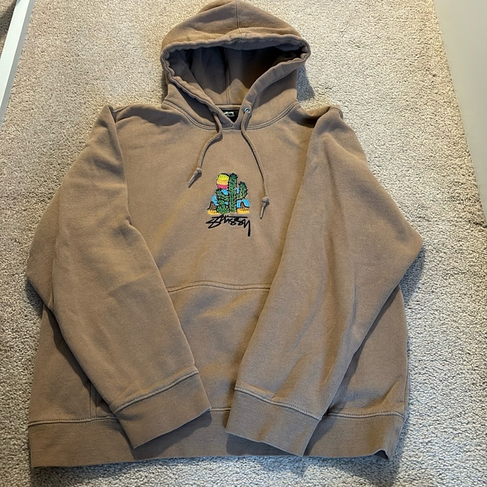 Tan, Stussy hoodie with cactus embroidery.